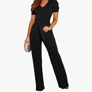 Black Jumpsuit V Neck Short Sleeve Belted Wide Leg